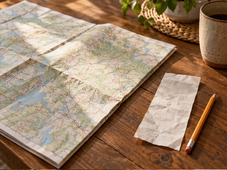 A folded map on a kitchen table